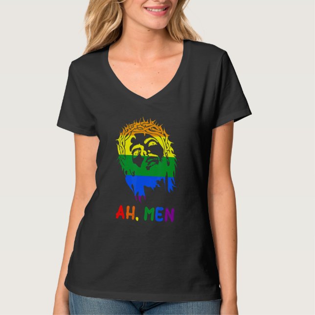 Camiseta Homens Arco-Íris LGBTQ Orgulho Bandeira Gay Jesus  (Frente)
