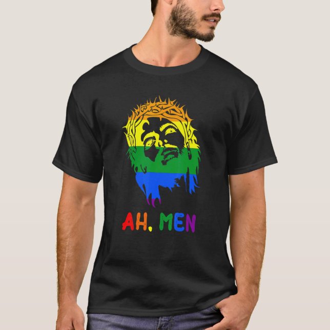 Camiseta Homens Arco-Íris LGBTQ Orgulho Bandeira Gay Jesus  (Frente)