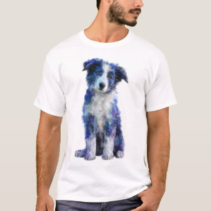 Camiseta Homens Border Collie Vibrante em Azul Aquarela