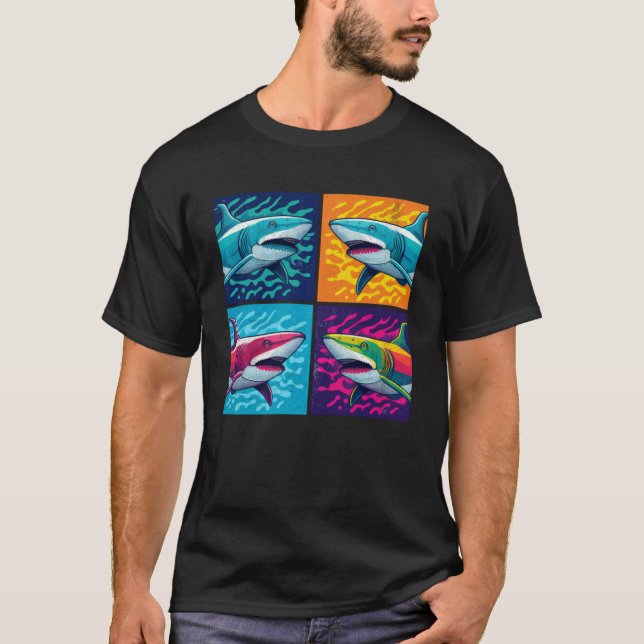 Camiseta Homens Coloridos De Pop De Tubarões (Frente)
