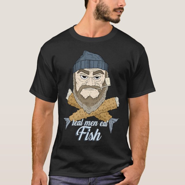 Camiseta homens de verdade comem peixe. peixe frito. (Frente)