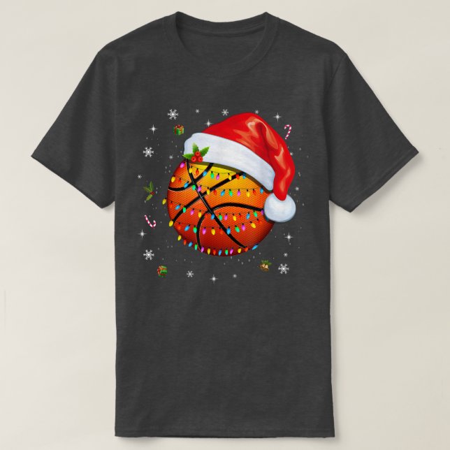 Camiseta Homens do Natal - Bola de Basquete Santa Hat Xmas (Frente do Design)
