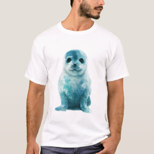 Camiseta Homens Foca Filhote de Foca Harpa Galáxia Aquarela
