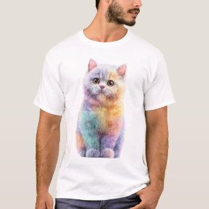 Camiseta Homens Gato Fofo Aguarela Pastel Arco-Íris