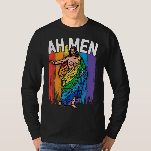 Camiseta Homens Gay Jesus Funny LGBTQ Oferece Arco-Íris (Frente)