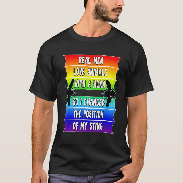 Camiseta Homens Reais Orgulham LGBTQ Abelhas Engraçadas Gay (Frente)