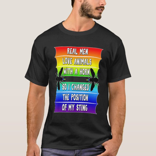 Camiseta Homens Reais Orgulham LGBTQ Abelhas Engraçadas Gay (Frente)