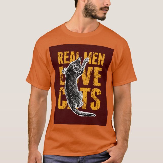 Camiseta Homens Verdadeiros Adoram Gatos em vermelho enterr (Frente)