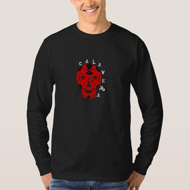 Camiseta Homens vermelhos LS do crânio de Calavera (Frente)
