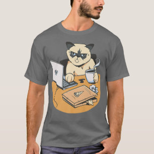 Camiseta Homo Office Cat com café em um computador