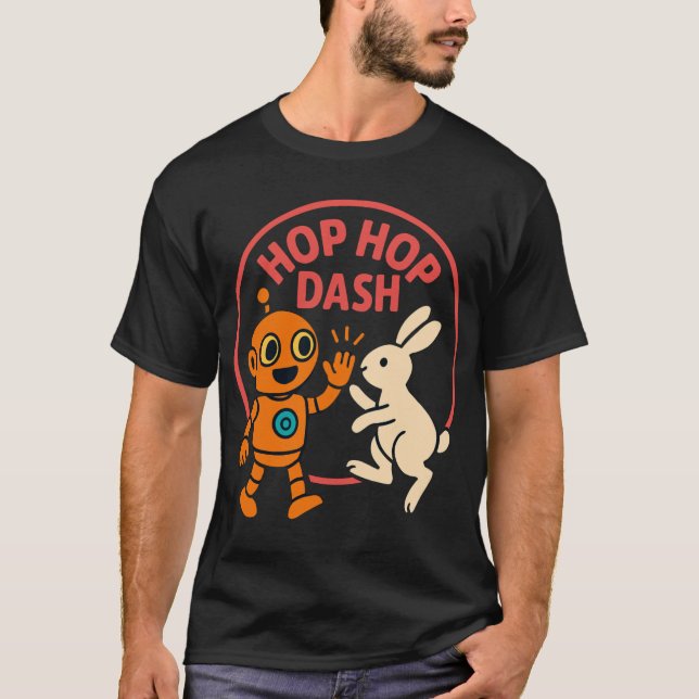 Camiseta Hop Hop Dash – Cute Orange Robot and White Rabbit (Frente)