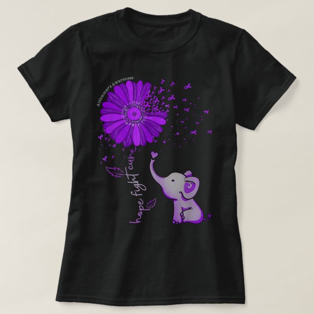 Camiseta Hope Fight Cure Elephant Alzheimer's Purple Ribbon (Frente do Design)
