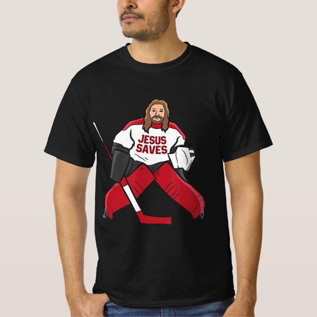 Camiseta Hóquei Divertido Jesus salva goleiro de hóquei (Frente)
