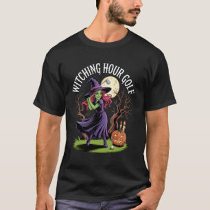 Camiseta Hora das Bruxas Golfe Halloween Bruxa Jogando Golf