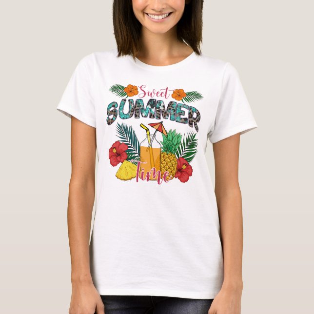 Camiseta Hora de Verão Doce | Frutas Tropicais e Florais (Frente)