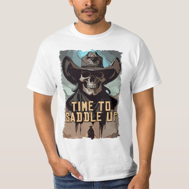 Camiseta Hora De Vestir O Crânio Selvagem De Cowboy Ocident (Frente)