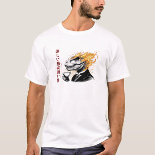 Camiseta Hora do Chá Quente com um T-Rex Japonês - Um Sip F