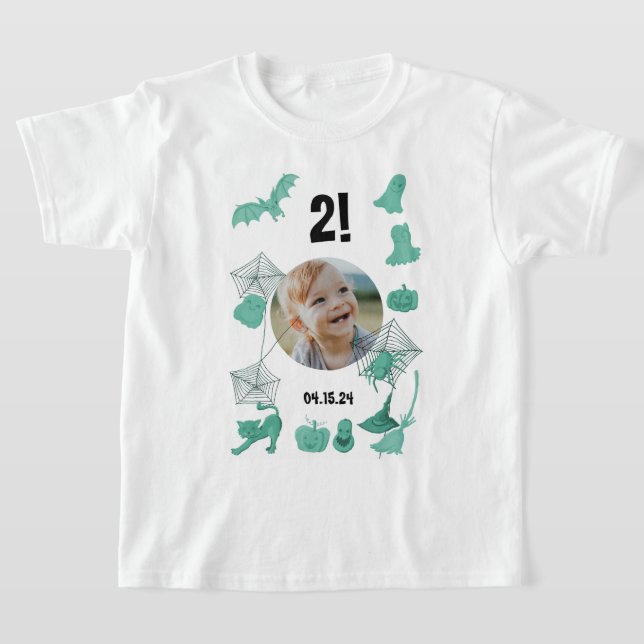 Camiseta Horário Verde do Halloween com foto, idade e anive (Postura )