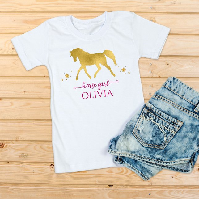 Camiseta Horse girl gold and pink personalized name (Criador carregado)