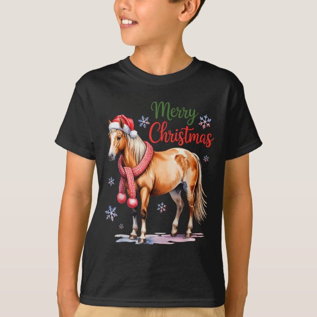 Camiseta Horse Santa Hat Christmas Lights Family Matching W (Frente)