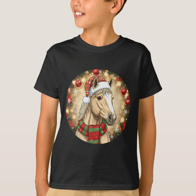 Camiseta Horse Santa Hat Christmas Lights Family Matching W (Frente)