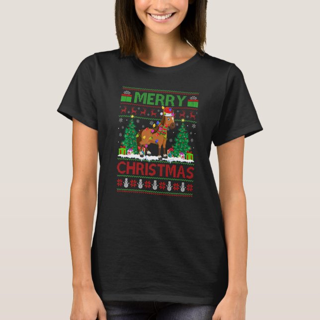 Camiseta Horse  Xmas Tree Lights Ugly Santa Horse Christmas (Frente)
