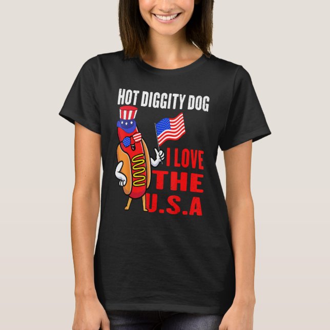 Camiseta Hot Diggity Dog I Love USA Hot Dogs  4th Of July (Frente)
