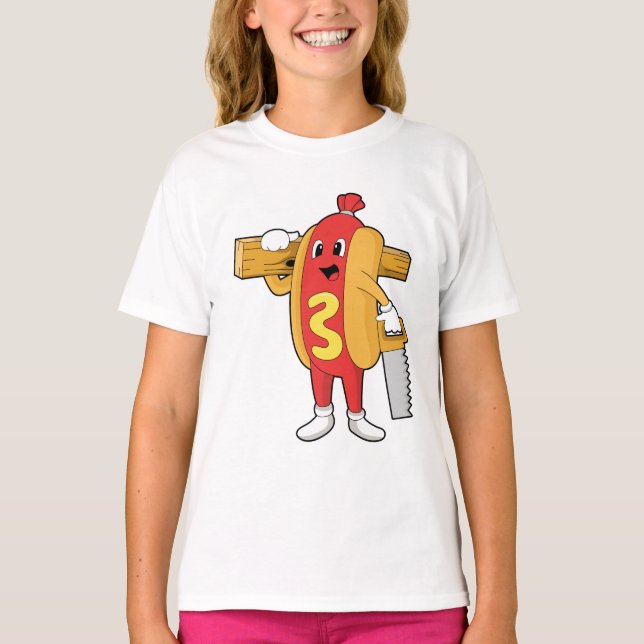 Camiseta Hotdog como carpinteiro com serra e madeira (Frente)