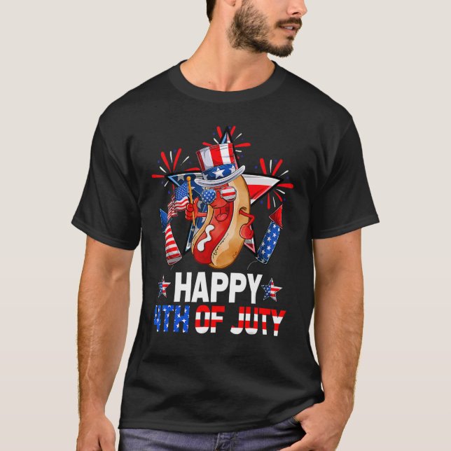 Camiseta Hotdog Fireworks American Flag Feliz 4 De Julho (Frente)
