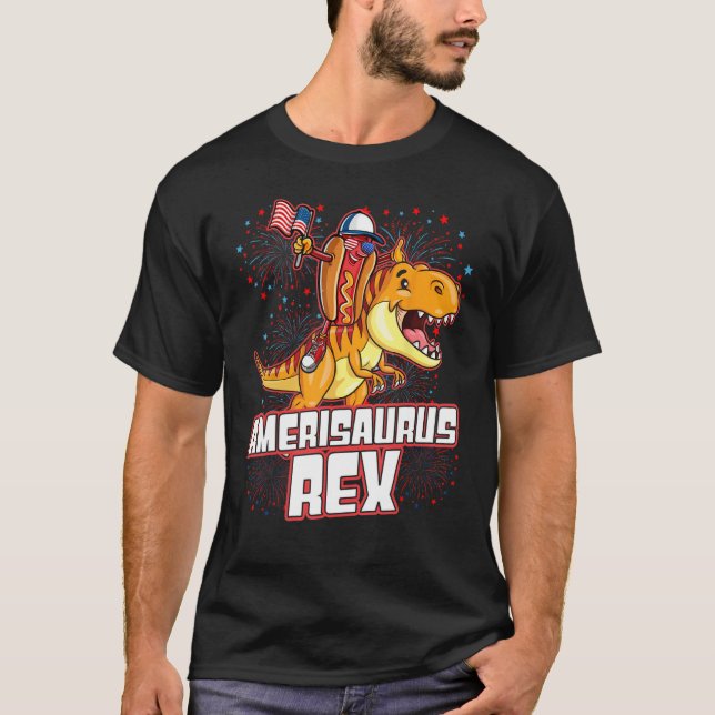 Camiseta Hotdog Rex Dinosaur 4th of July Amerisaurus   (Frente)