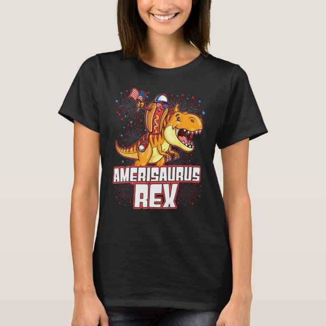 Camiseta Hotdog Rex Dinosaur 4th of July Amerisaurus   (Frente)