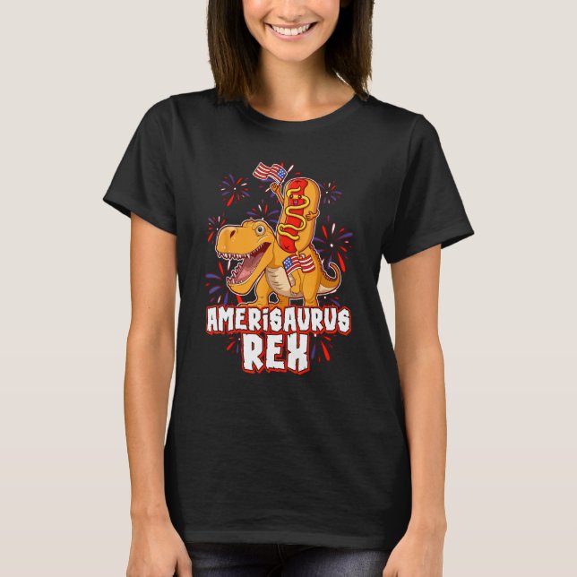 Camiseta Hotdog Rex Dinosaur 4th of July Amerisaurus (Frente)