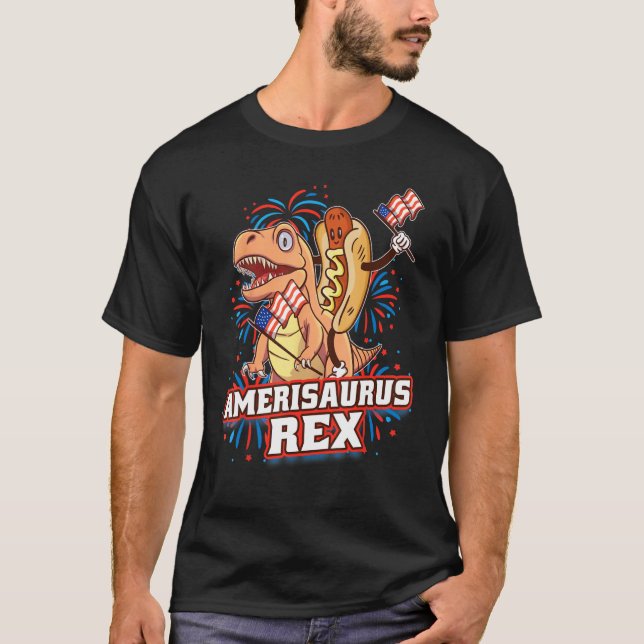 Camiseta Hotdog Rex Dinosaur 4th of July Amerisaurus  1 (Frente)