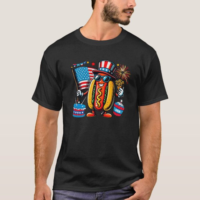 Camiseta Hotdog Sunglass American Flag 4 de julho Fireworks (Frente)