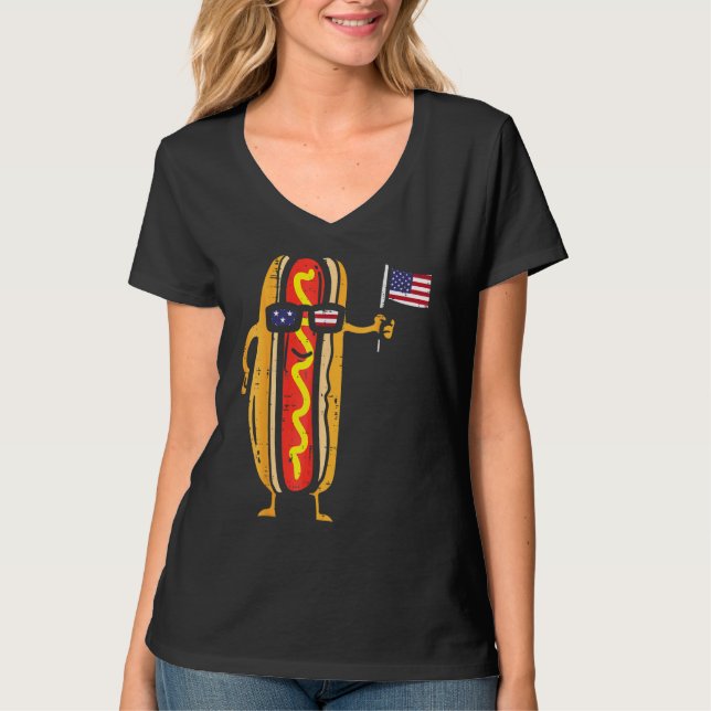 Camiseta Hotdog Sunglasses American Flag USA  4th Of July F (Frente)