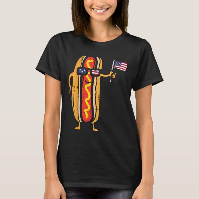 Camiseta Hotdog Sungles American Flag Usa Engraçado 4 De Ju (Frente)