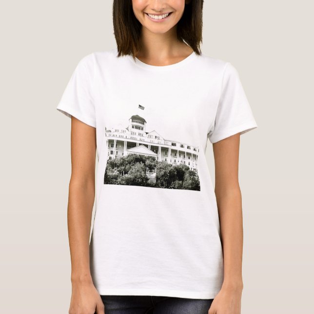 Camiseta Hotel grande, ilha de Mackinac, preto e branco (Frente)