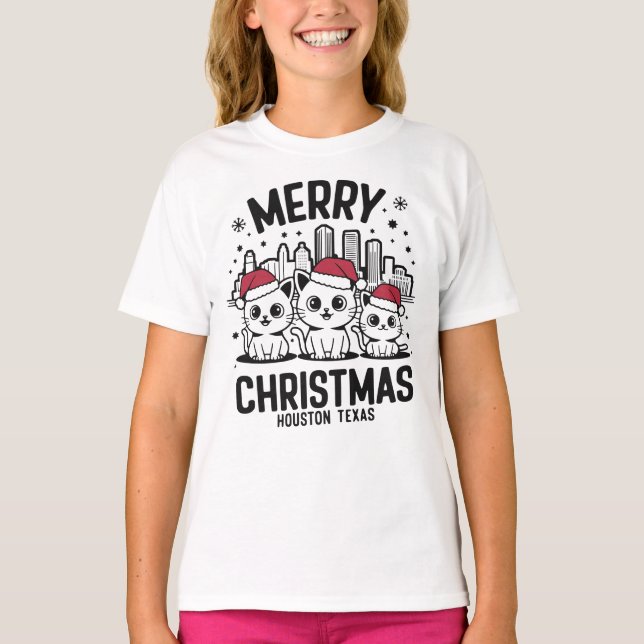 Camiseta Houston City Texas Merry Christmas Cats EUA (Frente)