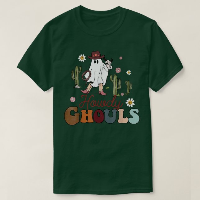 Camiseta Howdy Ghouls, Spooky Ghost, Lady Ghost Cowboy, Hal (Frente do Design)