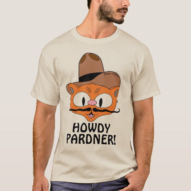 Camiseta HOWDY PARDNER! Cartoon Mustache, Senhor Gato™ (Frente)
