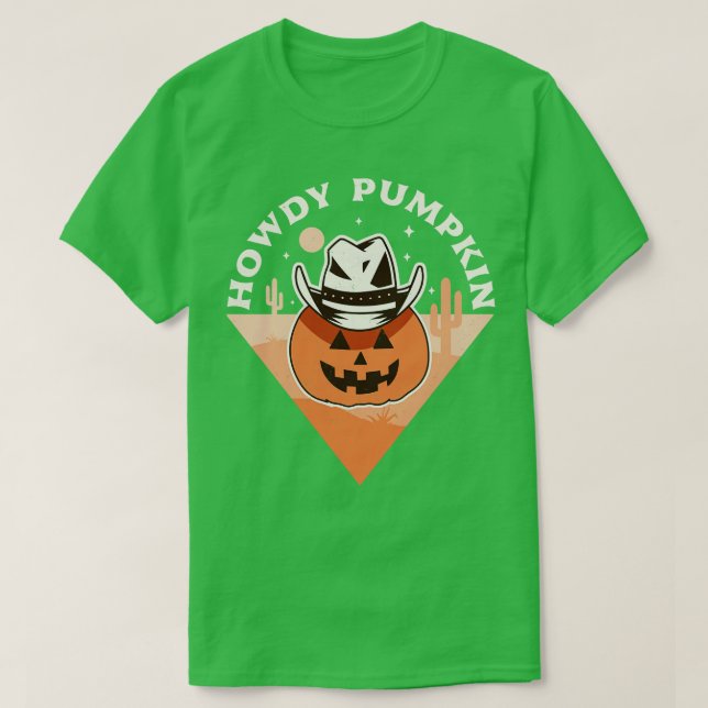 Camiseta Howdy Pumpkin Cowboy Rodeo País Ocidental Cai Ha (Frente do Design)