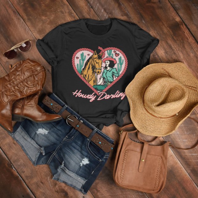 Camiseta Howdy Querido Horse e Mulher (Howdy Darling T-Shirt, Cowboy Style, Retro, Western)