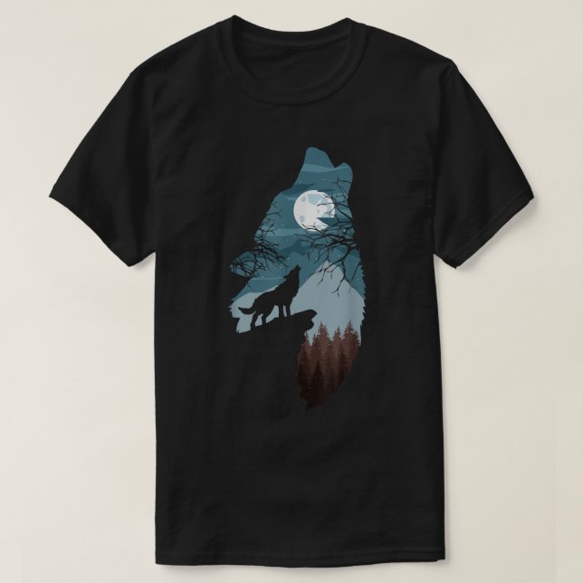 Camiseta Howling Wolf Moon Forest Art (Frente do Design)