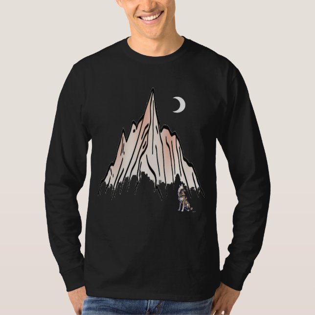 Camiseta Howling Wolf Sob Crescent Moon Mountain - Moderno (Frente)