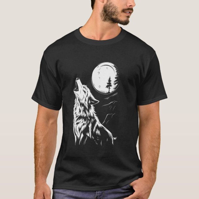 Camiseta Howling Wolf under Moon Night Willife Nature Art (Frente)