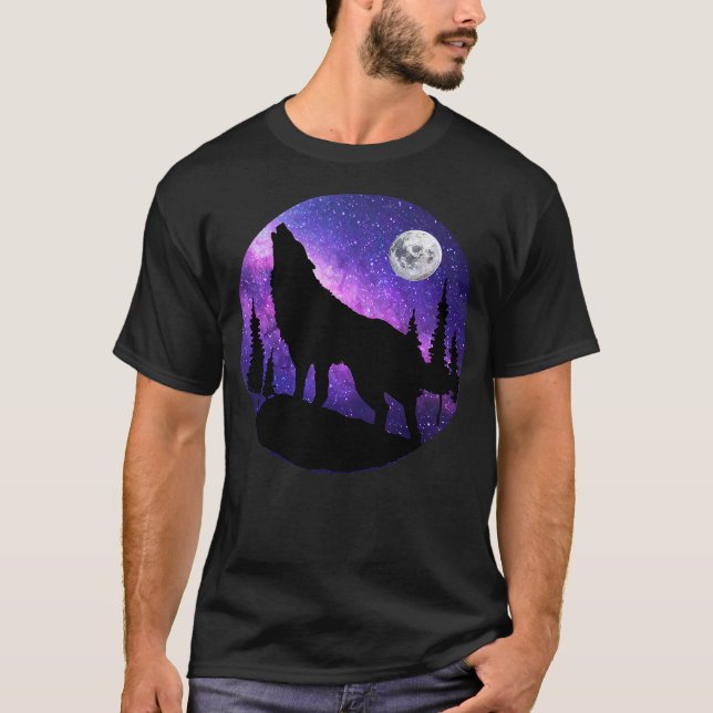 Camiseta Howling Wolf Under The Full Moon With Purple Galax (Frente)