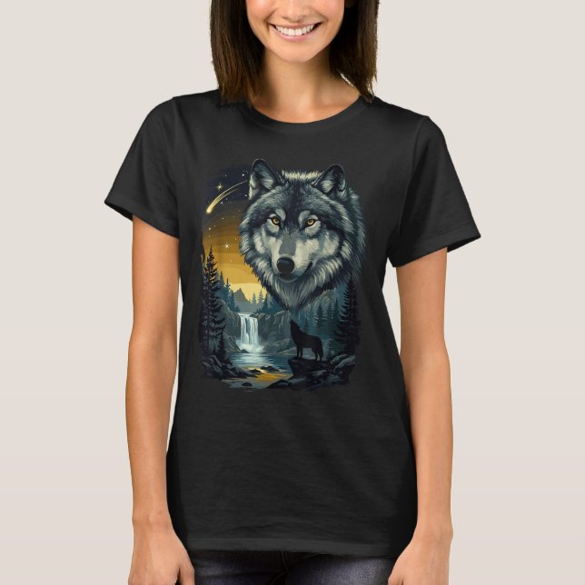 Camiseta Howling Wolf Waterfall Scene For Nature Lovers And (Frente)