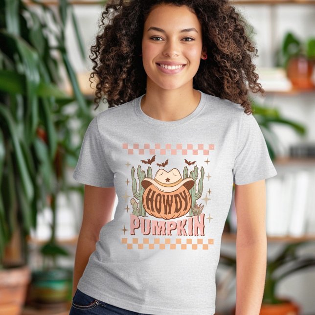 Camiseta Howpkin Halloween Retro Western Pink Laranja (Howdy Pumpkin Halloween Retro Western Pink Orange T-Shirt)