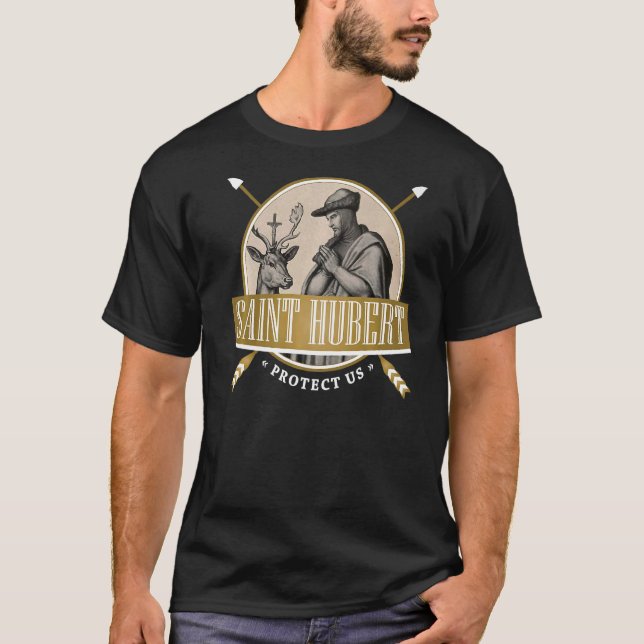 Camiseta Hubert Hubertus Santo Católico Patrão Dos Caçadore (Frente)