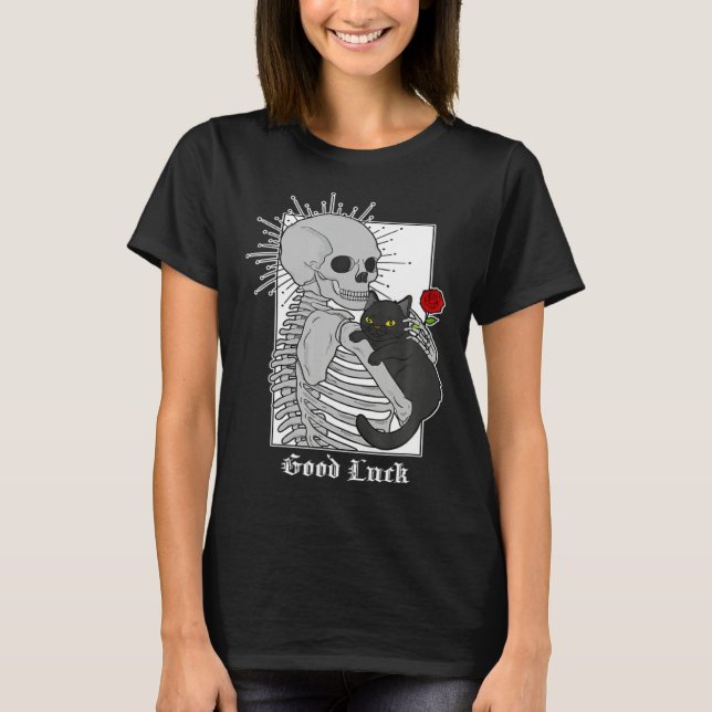 Camiseta Hugging Cat Flowers Skeleton Black Cat (Frente)